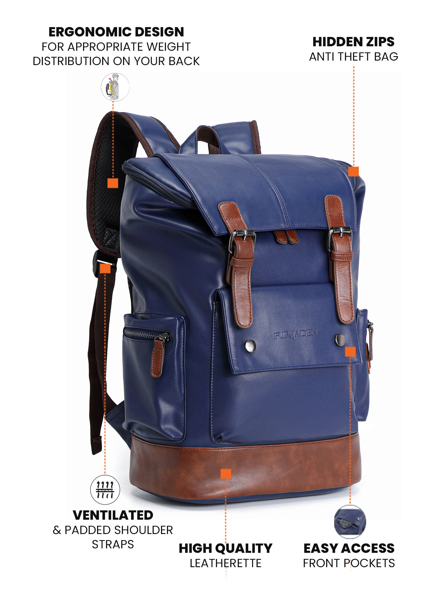 Fur Jaden Midnight Blue Fur Theft – Inch Laptop Backpack 15.6 Jaden Navy Anti Ltd Lifestyle Leatherette Pvt