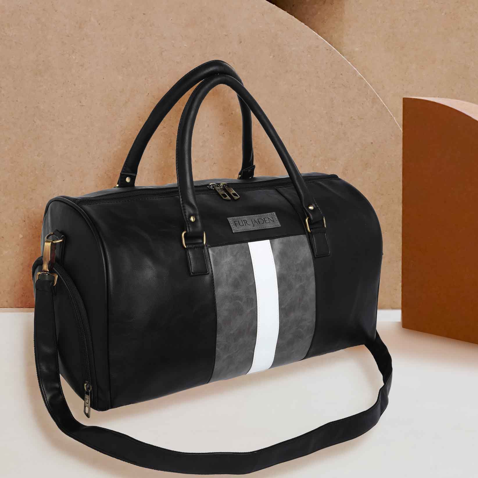 Fur Jaden Black Weekender Faux Leather Duffle Bag with Shoe Compartment –  Fur Jaden Lifestyle Pvt Ltd
