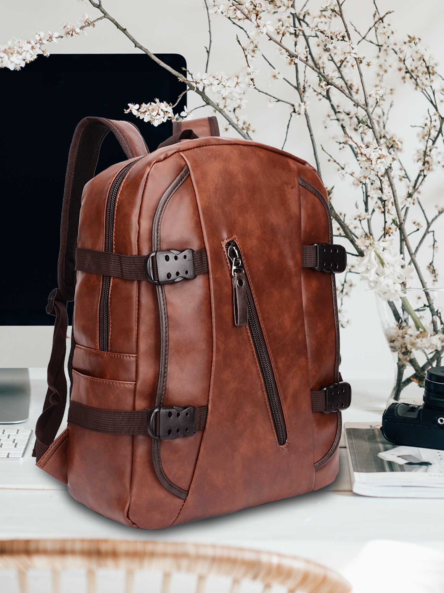 155 Inch Hard Craft Faux Leather Mens Laptop Messenger Bag Brown